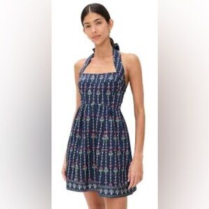 Hill House The Fleur Strappy Cotton Mini Dress in Trailing Fern and Navy XS